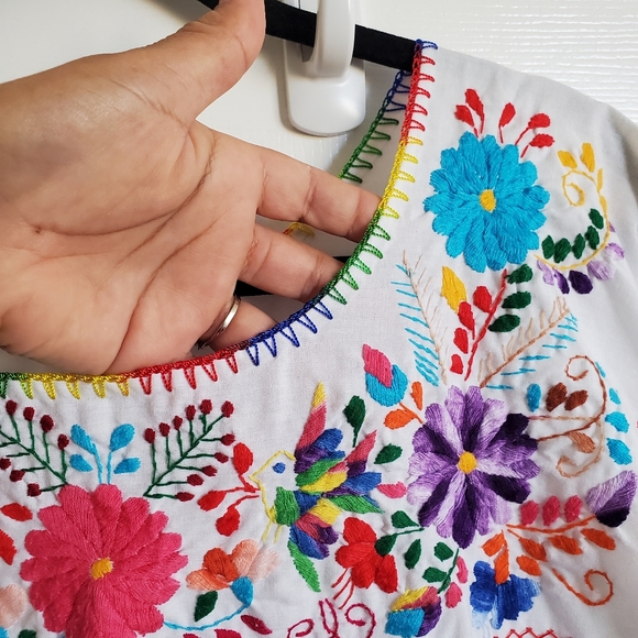 Vintage Mexican Colorful Rainbow Flower Embroider White Cotton Maxi House Dress - Picture 8 of 16